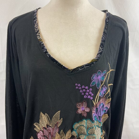 Aratta Silent Gourney Top XL Black Embroidered Purple Green Blue Floral - Picture 3 of 13